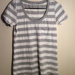 Grey and white striped T-shirt with pocket